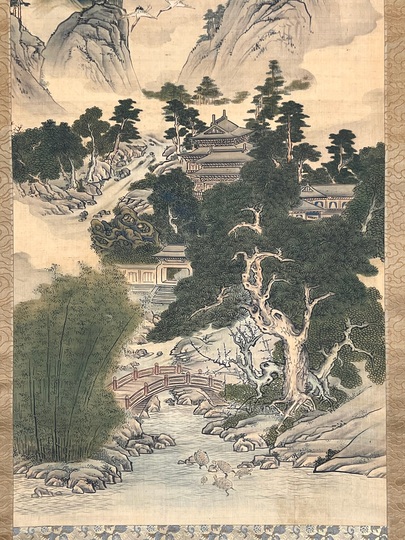 模写/久隅守景/蓬莱山図/双幅/布袋屋掛軸HE-219 模写/久隅守景/蓬莱山