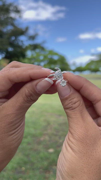 Honu (Sea Turtle) and Plumeria Ring in Sterling Silver