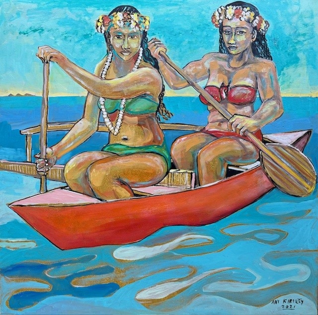 Wahine Paddle (Hawaiian Woman Canoe Paddlers) - Original Oil