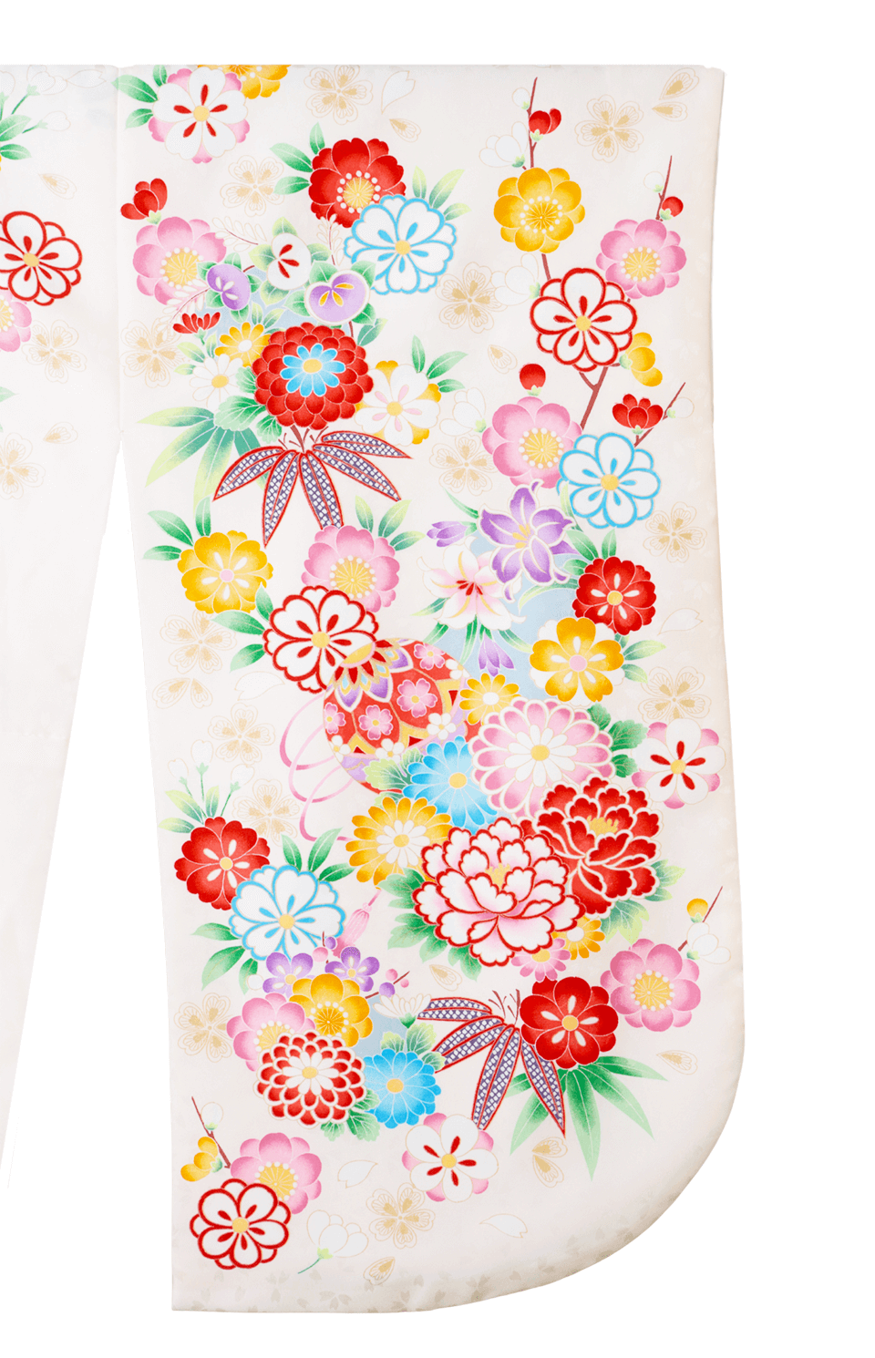 着物〉オフホワイト色 古典桃山風柄着物 〈袴〉グリーン色 桜ちらし