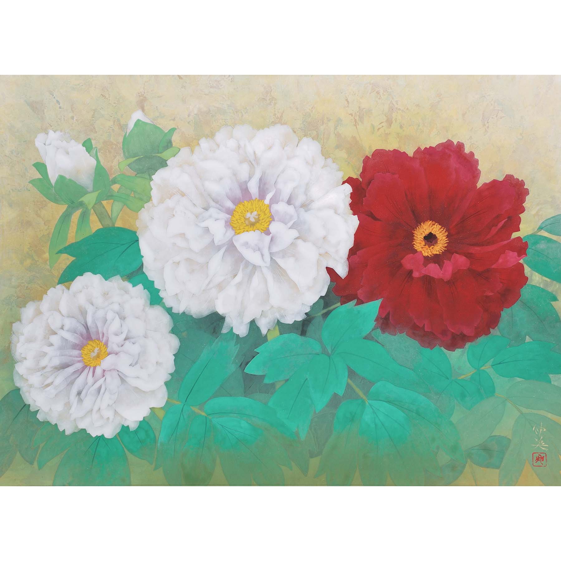 紅白牡丹（日本画） | ギャラリーまきの 信州の木製品と美術工芸品販売