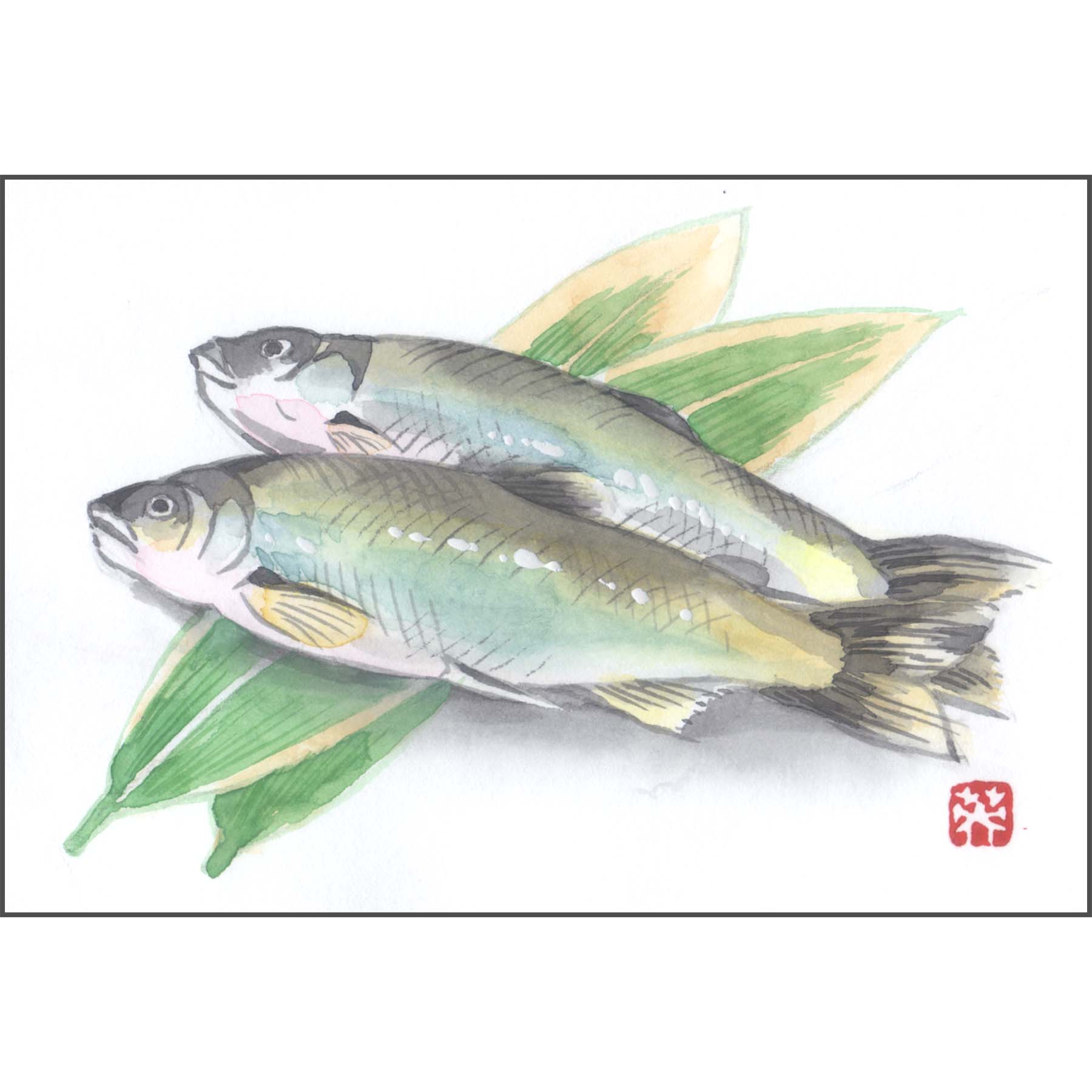 鮎（はがきサイズ日本画） | ギャラリーまきの 信州の木製品と美術工芸