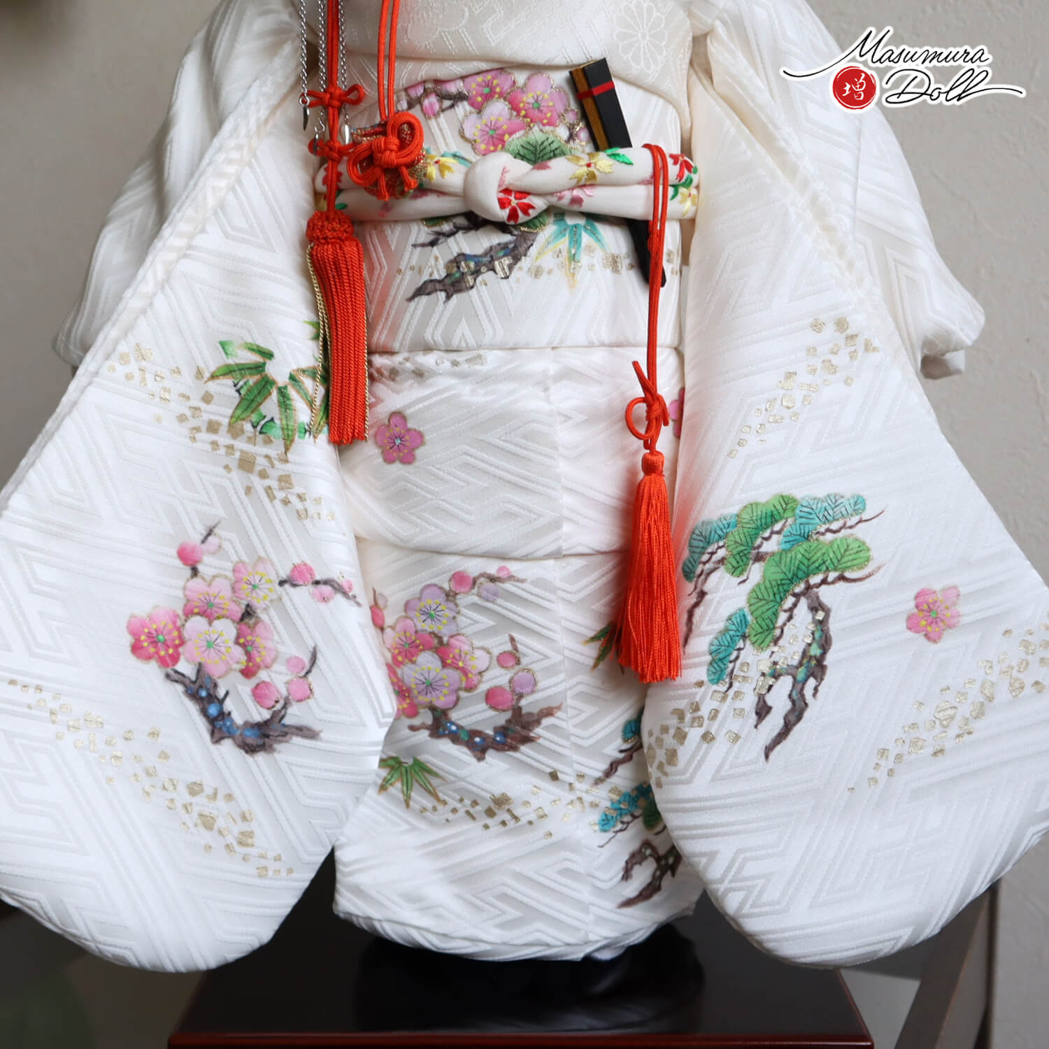 元賀章介作 12号(尺二) 着尺 正絹 刷り友禅 松竹梅 白 市松人形 手塗本