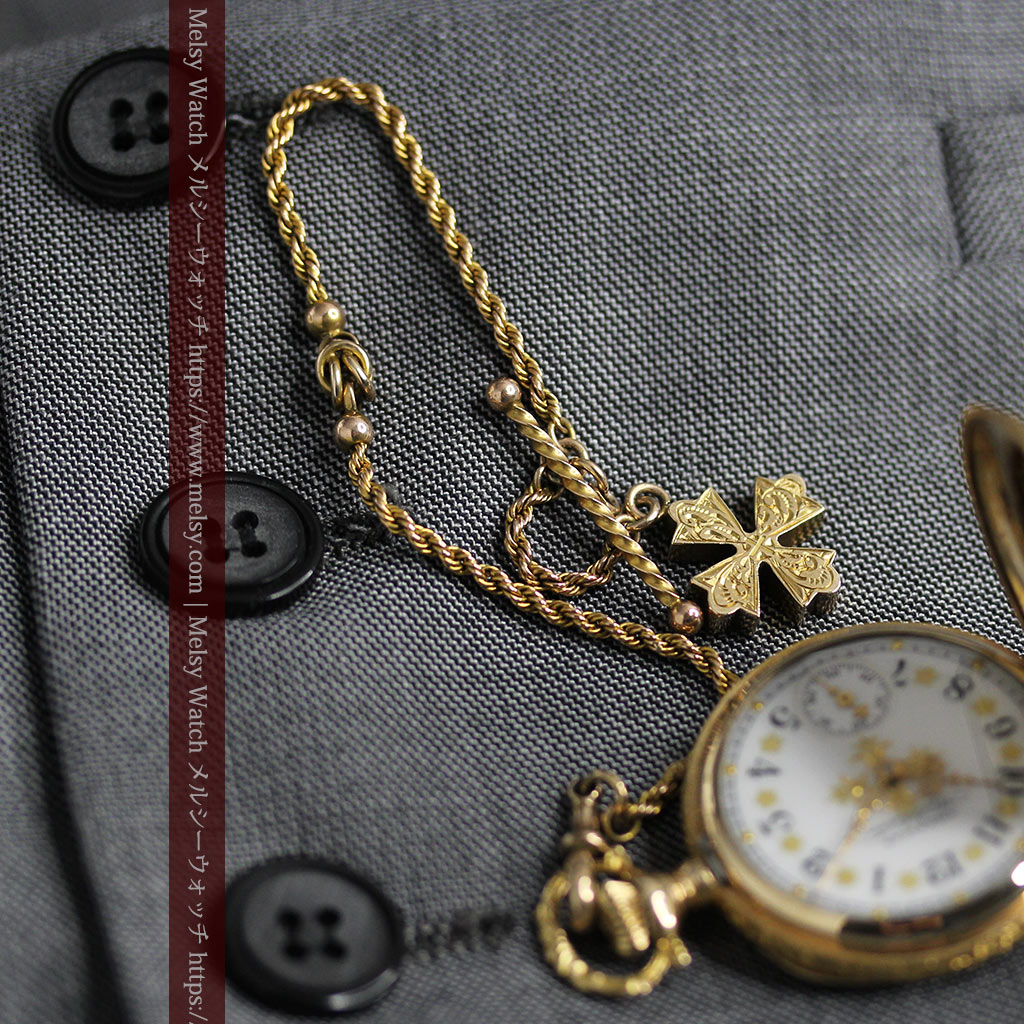 金の鎖と十字架の装飾 ウォルサムの金無垢アンティーク懐中時計 【1897