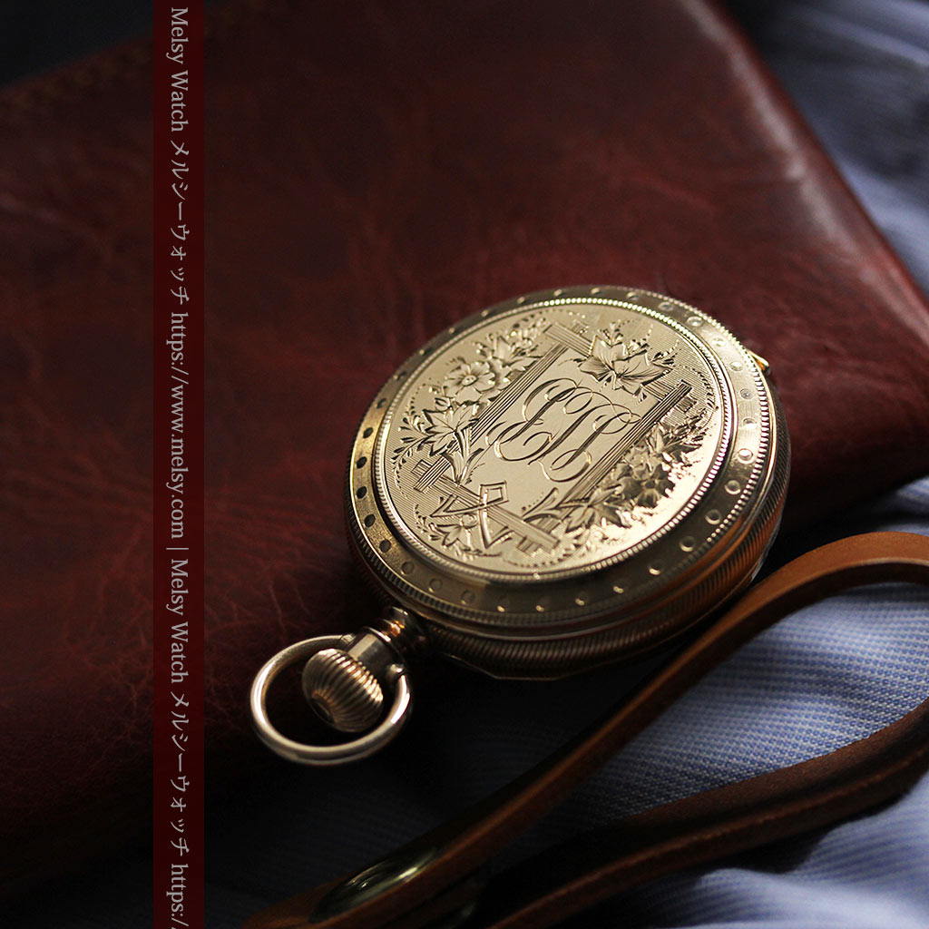 鷺/水鳥と花の彫り ウォルサムの金無垢懐中時計 【1887年頃】