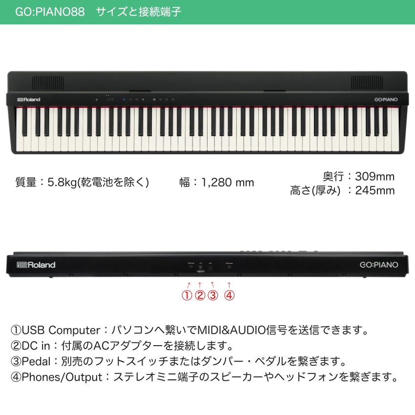 Roland 軽量ポータブル電子キーボード GO:PIANO88 (GO-88PX) ステレオ