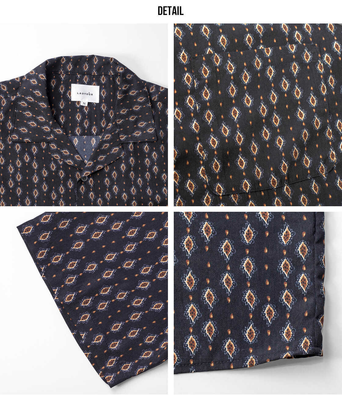 LAOTOUR 小紋柄 オープンカラー半袖シャツ 総柄 開襟 メンズ