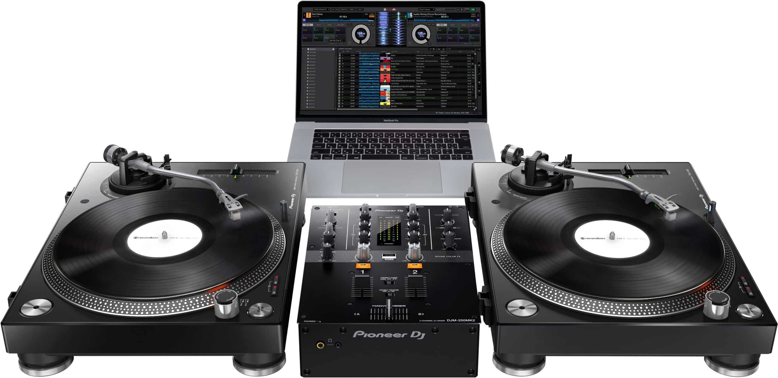 Pioneer DJ DJM-250MK2 2-CH DJ mixer + Pair of PLX1000 Turntables +