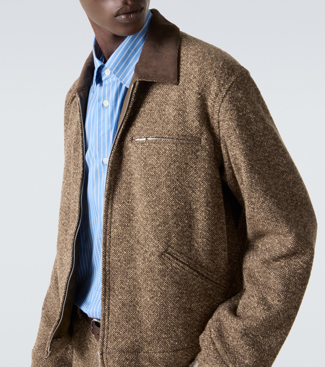 Corduroy-trimmed wool tweed blouson jacket in brown - Auralee