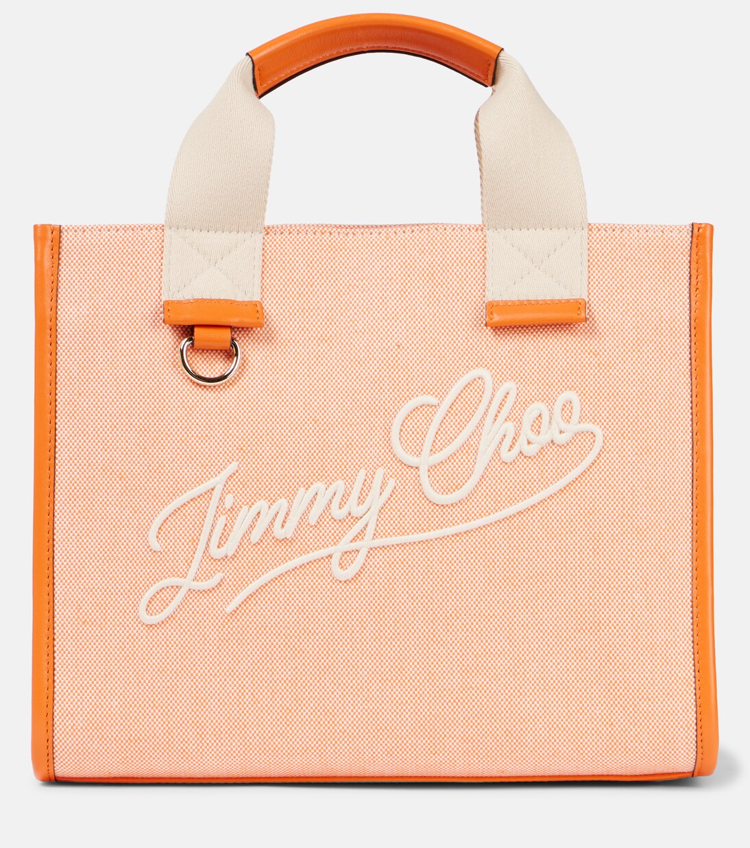 Logo leather-trimmed canvas tote bag in orange - Jimmy Choo