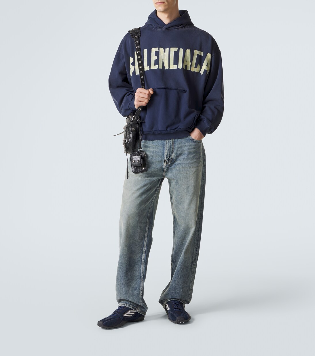 Tape logo cotton jersey hoodie in blue - Balenciaga | Mytheresa