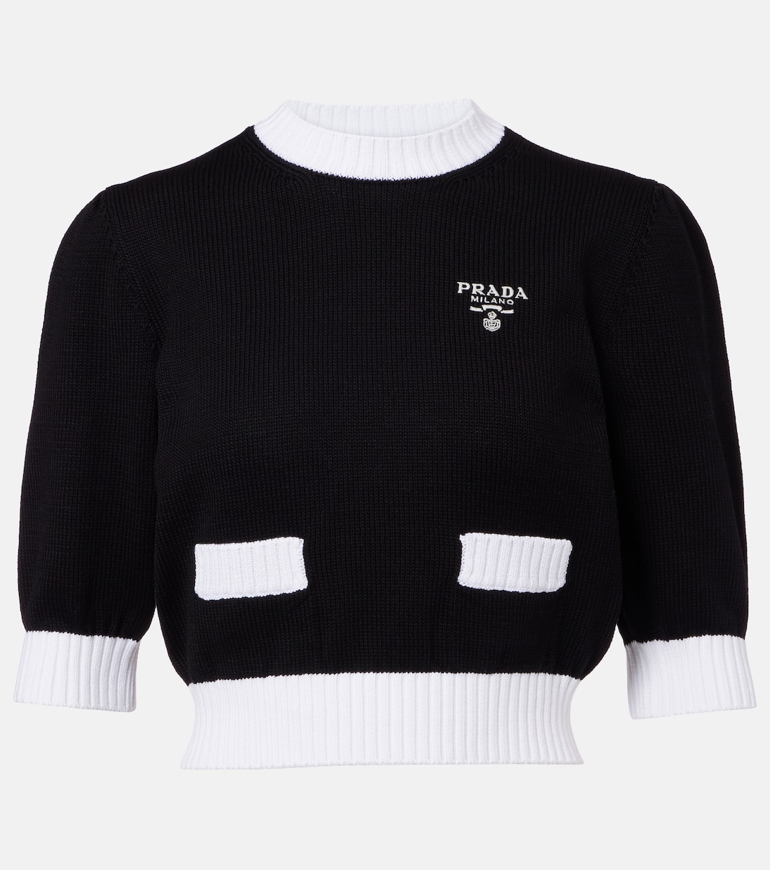 Waffle-knit cropped cotton sweater in black - Prada | Mytheresa