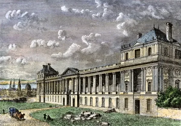 Hand-colored Woodcut Print of 19th-Century Louvre Colonnade. Art