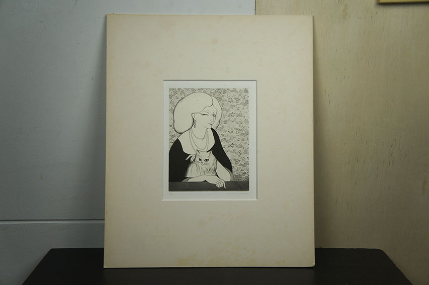 小林ドンゲ版画「女と猫シリーズ 白いレース」 / Donge Kobayashi
