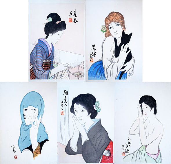 arp1211 竹久夢二 女十題の内(紅梅) 木版画『こたつ』合わせて2点