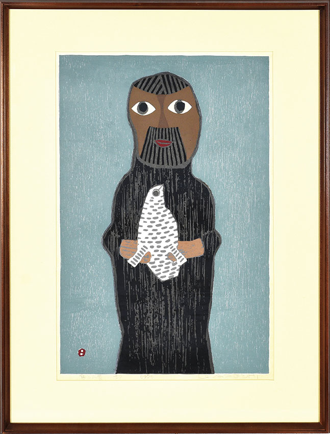 畦地梅太郎版画額「鳥と山男」 | Natsume Books