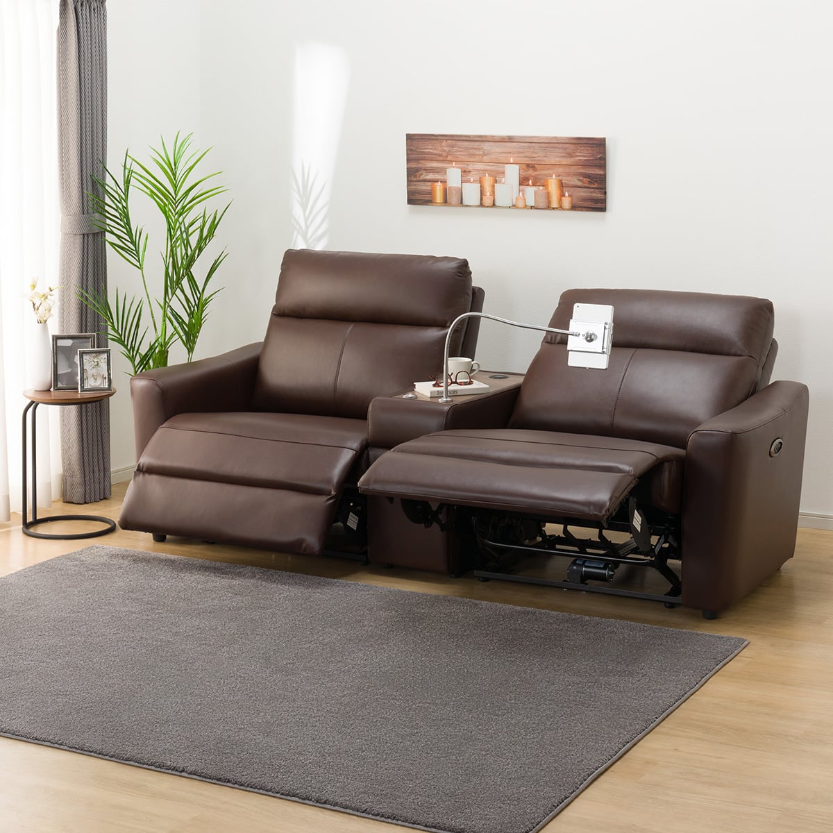 2人掛け電動リクライニングワイドソファ 収納ユニット付き 本革(一部