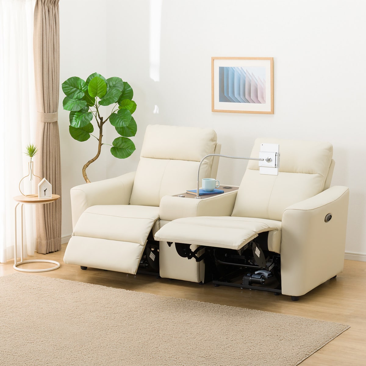 2人掛け電動リクライニングソファ 収納ユニット付き 本革(一部合成皮革