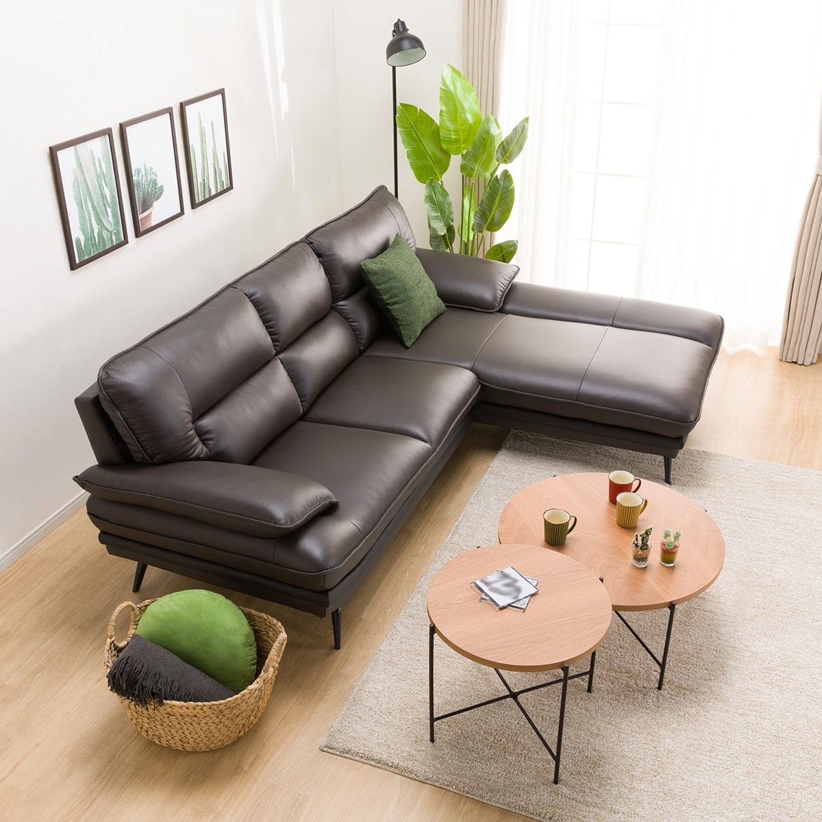 コーナーソファ 本革(一部合成皮革)タイプ (ロゾKD 左カウチ DBR