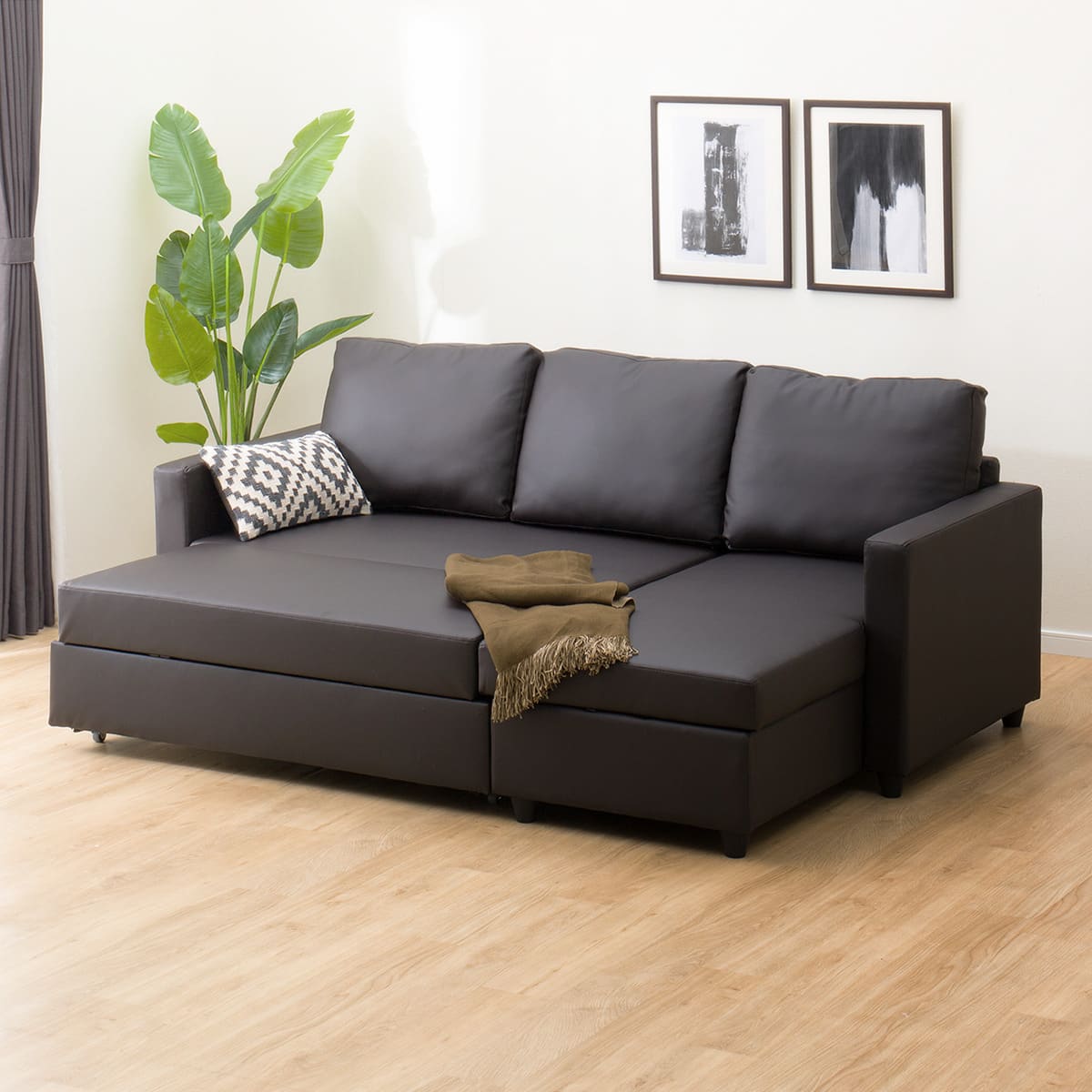 傷・汚れに強い 収納付きカウチソファベッド 合皮タイプ (ノアーク2 N