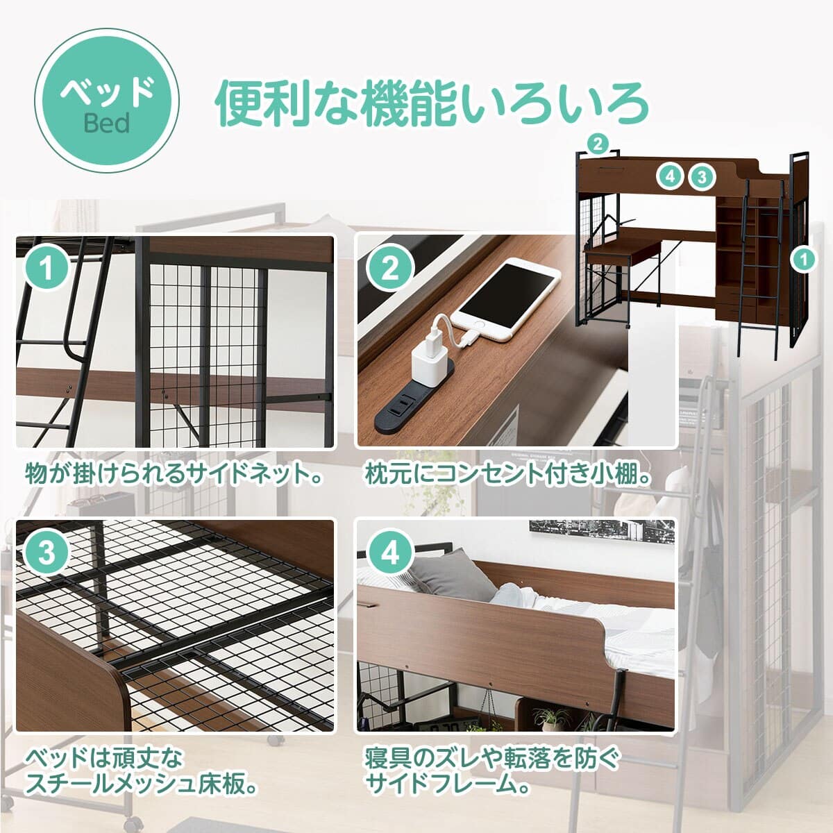 ロフトベッド デスクライト付き (デニッシュ25N MBR/BK) | ニトリ