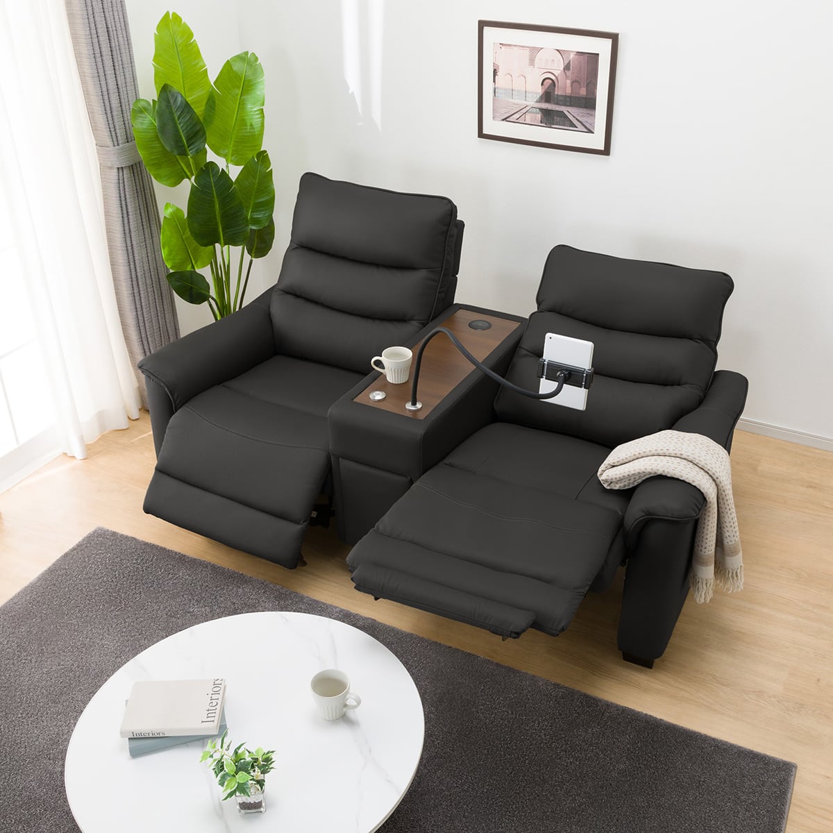 2人掛け電動リクライニングソファ 収納ユニット付き 本革(一部合成皮革