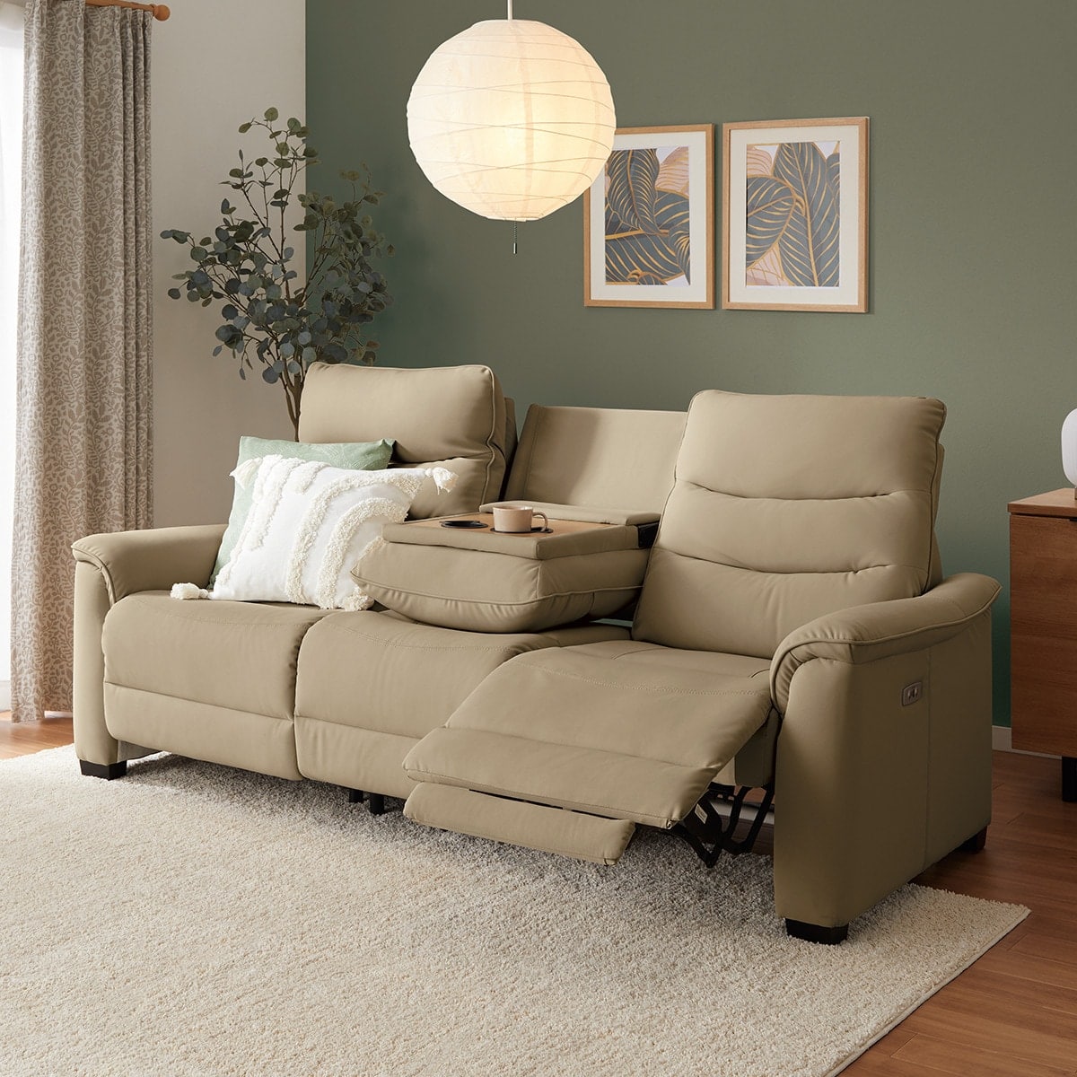 3人掛け電動リクライニングソファ テーブル付き 本革(一部合成皮革