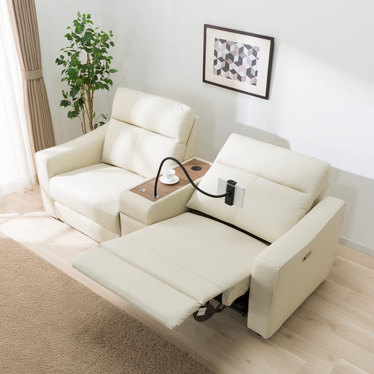 2人掛け電動リクライニングワイドソファ＋収納ユニットセット 本革(一