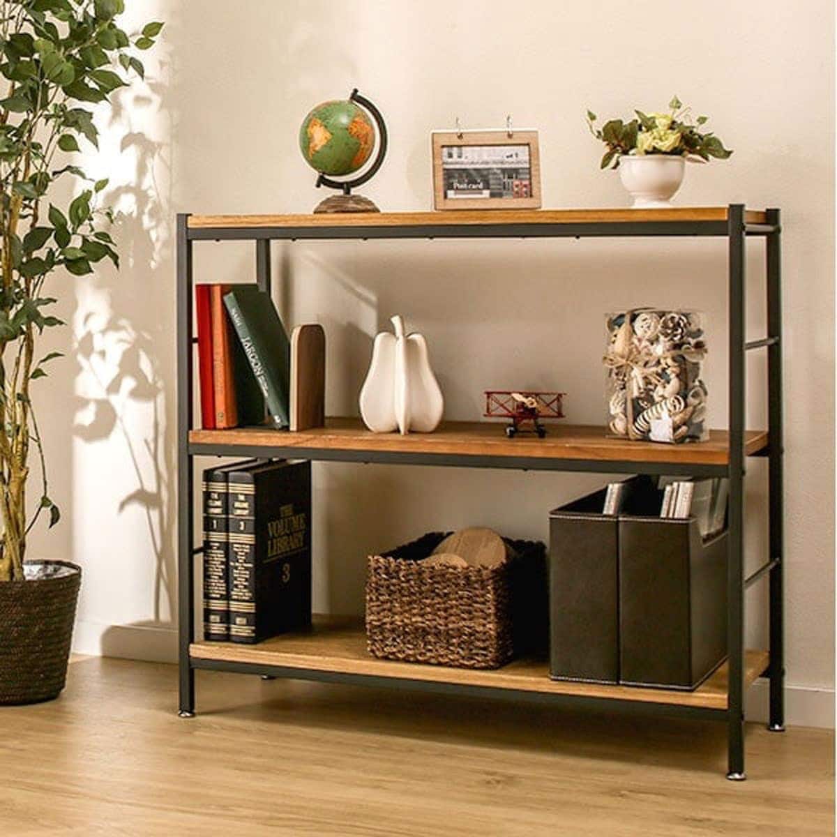 ヴィンテージスタイルのアイアンシェルフ3段(幅90cm ブラウン