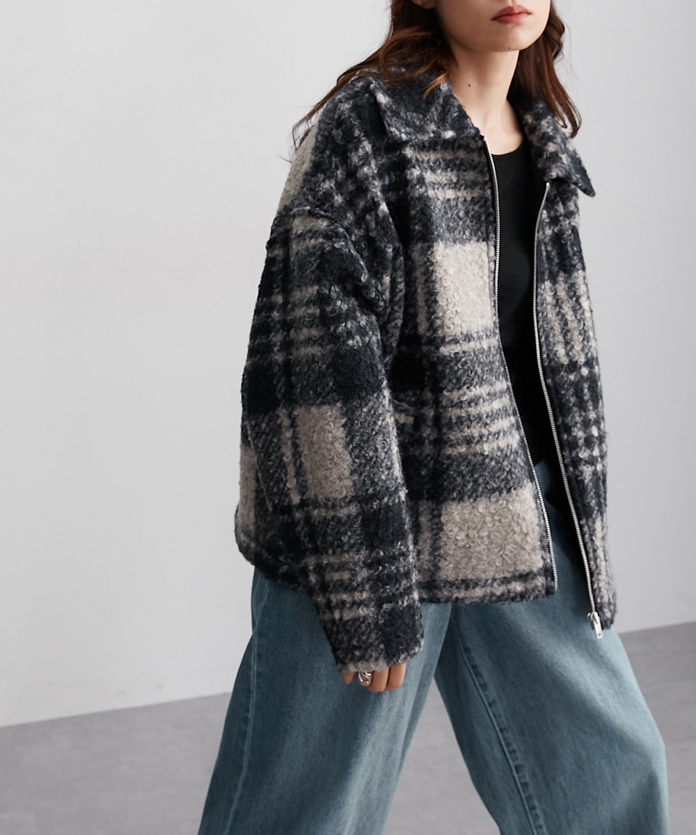 総チェック柄フェイクリングウールチェックブルゾン ［Soiunique