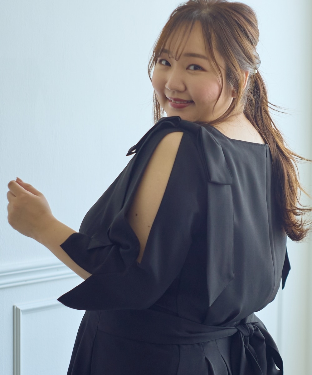 大きいサイズ＞【らめちゃんコラボ】ウエストタック肩リボンワンピース