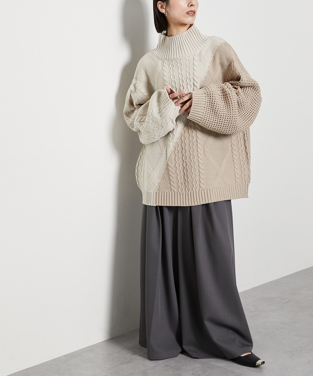 洗える】ゆったりサイズケーブル×ラーベン編み配色タートルネック