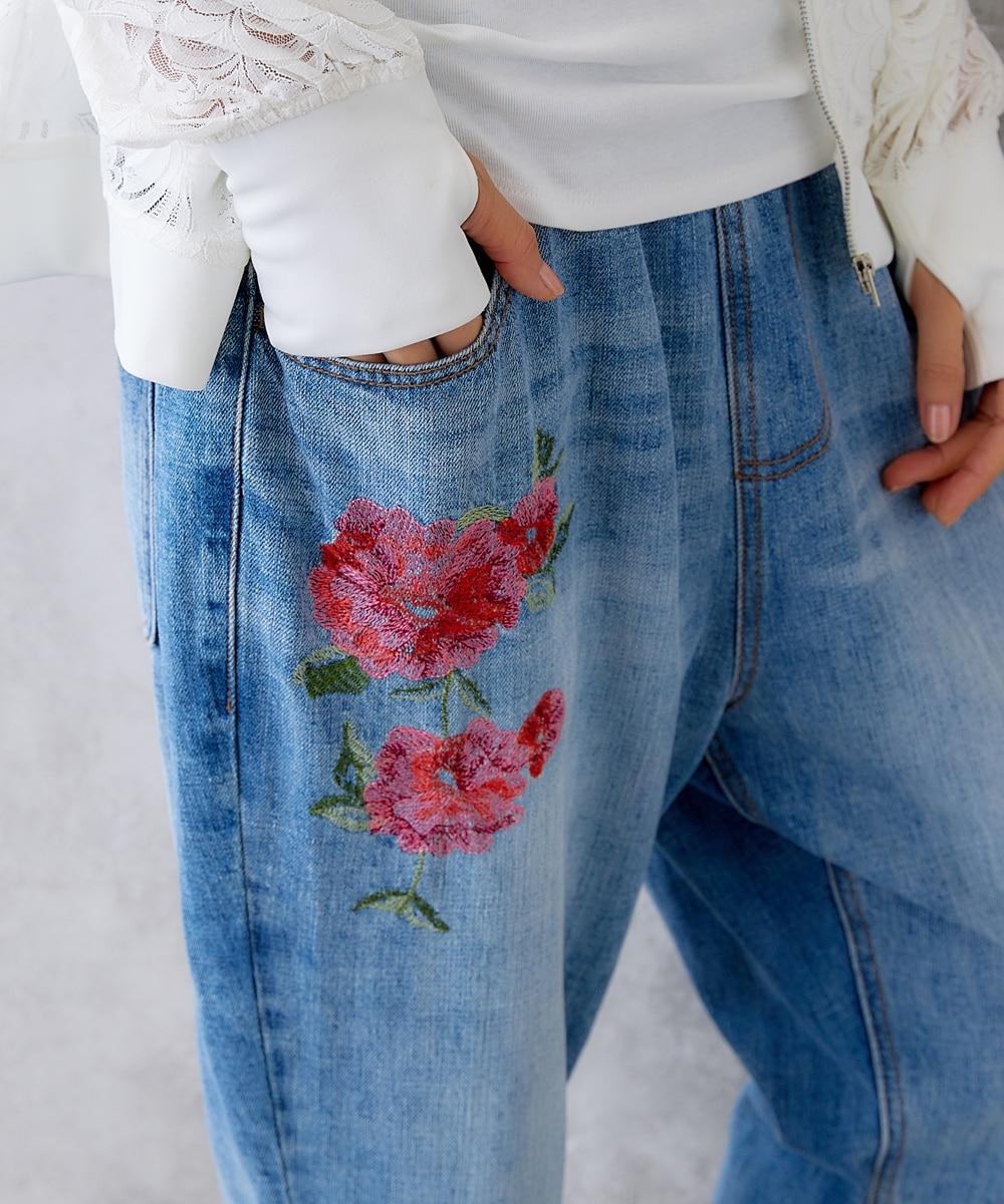 花刺しゅう9分丈デニムパンツ【Hana服】 通販【ニッセン】