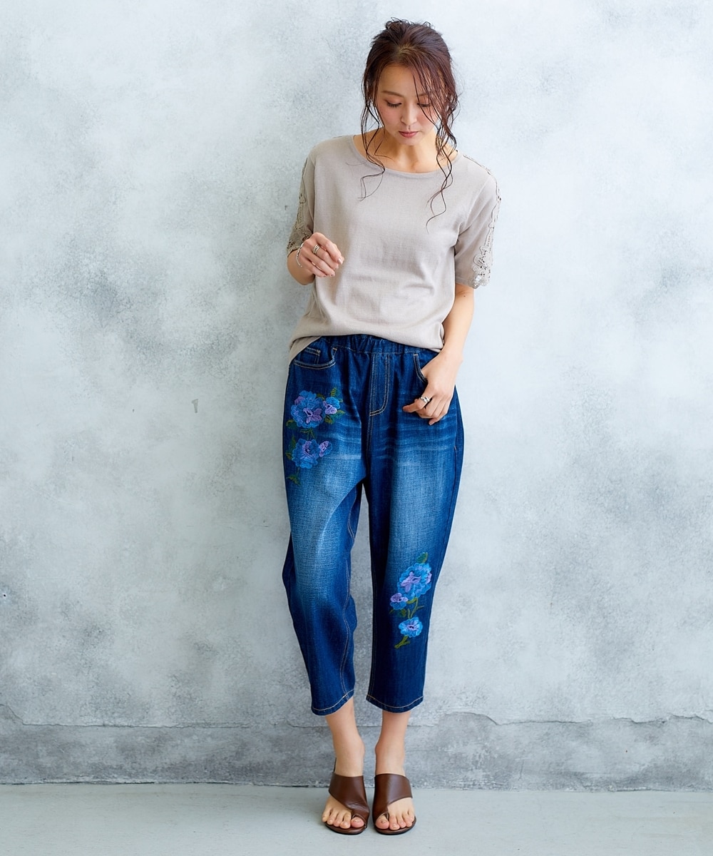 花刺しゅう9分丈デニムパンツ【Hana服】 通販【ニッセン】