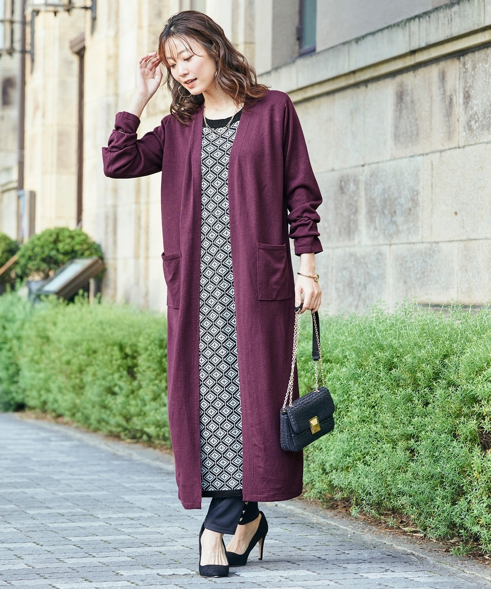 大きいサイズ カーディガン重ね着風ニットロング丈ワンピース 通販