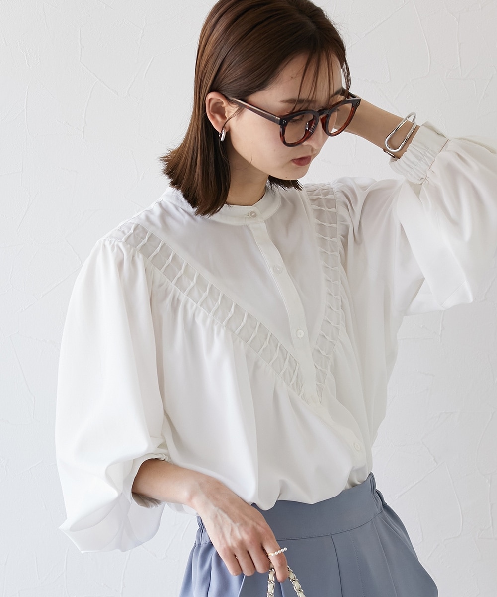 バンドカラーV字タックデザインブラウス 通販【ニッセン】