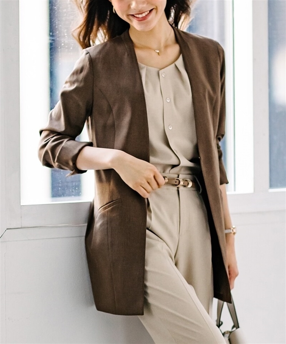 リネンライク】週3着回したい麻調ノーカラーロング丈ジャケット（上下