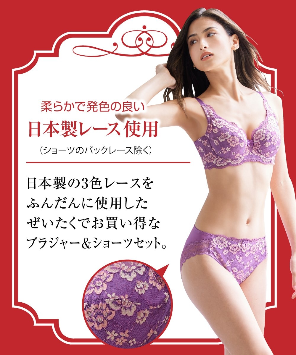 脇高・総レースフルカップブラジャー・ショーツセット（3色レースは