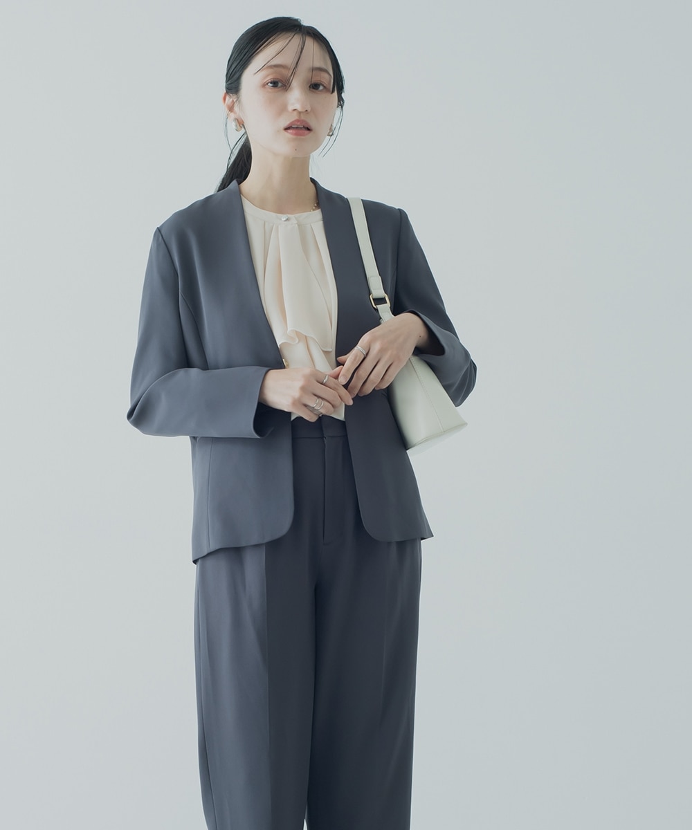 小さいサイズ 【レディーススーツ】パンツスーツ2点セット（ノーカラー