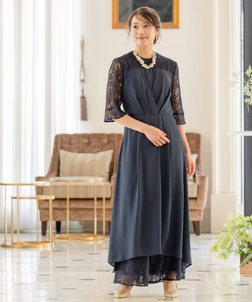 結婚式・パーティードレス】タックデザインワンピース＋レースワイド