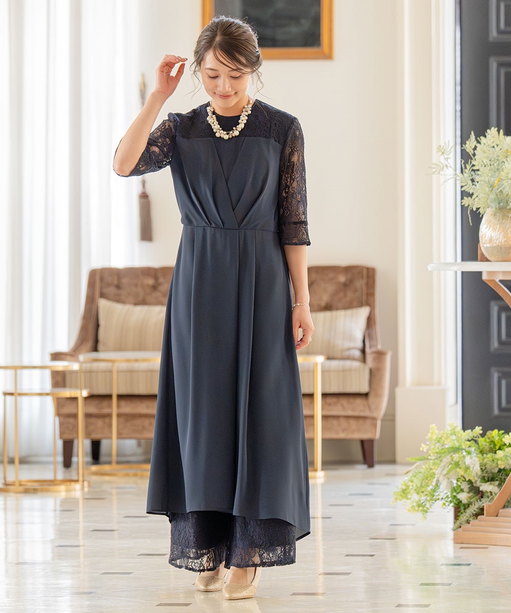 結婚式・パーティードレス】タックデザインワンピース＋レースワイド