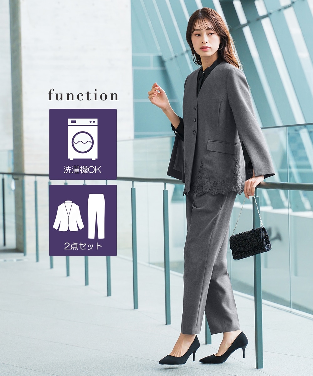 入学式・卒業式・フォーマル】刺繍使いノーカラーデザインジャケット