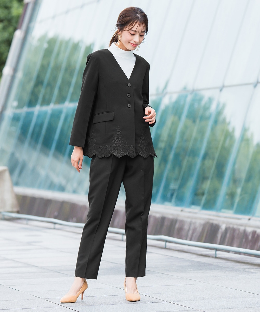 入学式・卒業式・フォーマル】刺繍使いノーカラーデザインジャケット