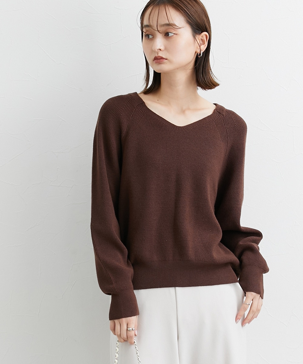 もちもち素材 畔編みVネックラグランスリーブニット 通販【ニッセン】