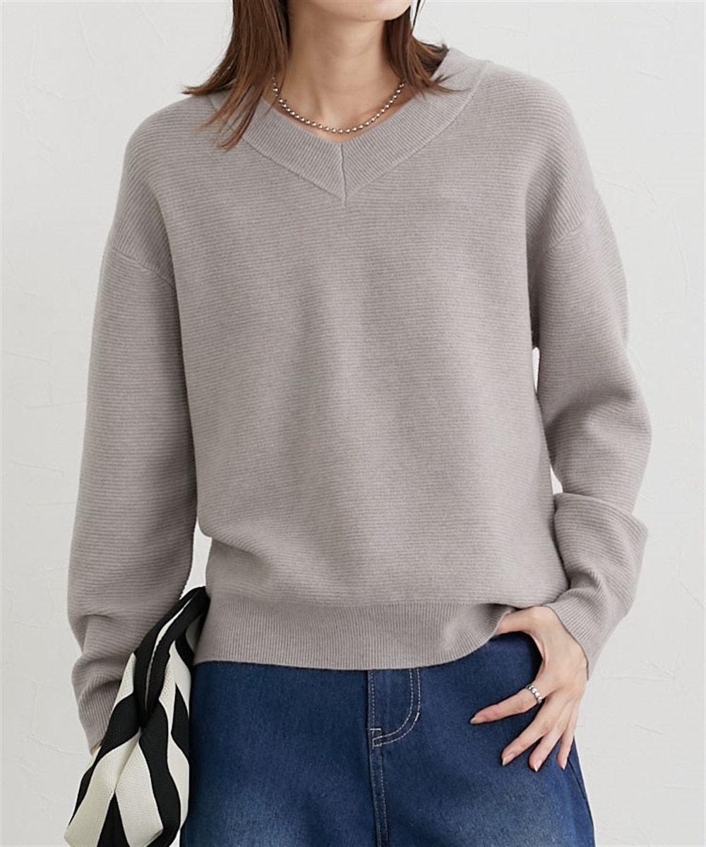 洗える】もちもち素材 ガーター編みVネックニット 体型カバー