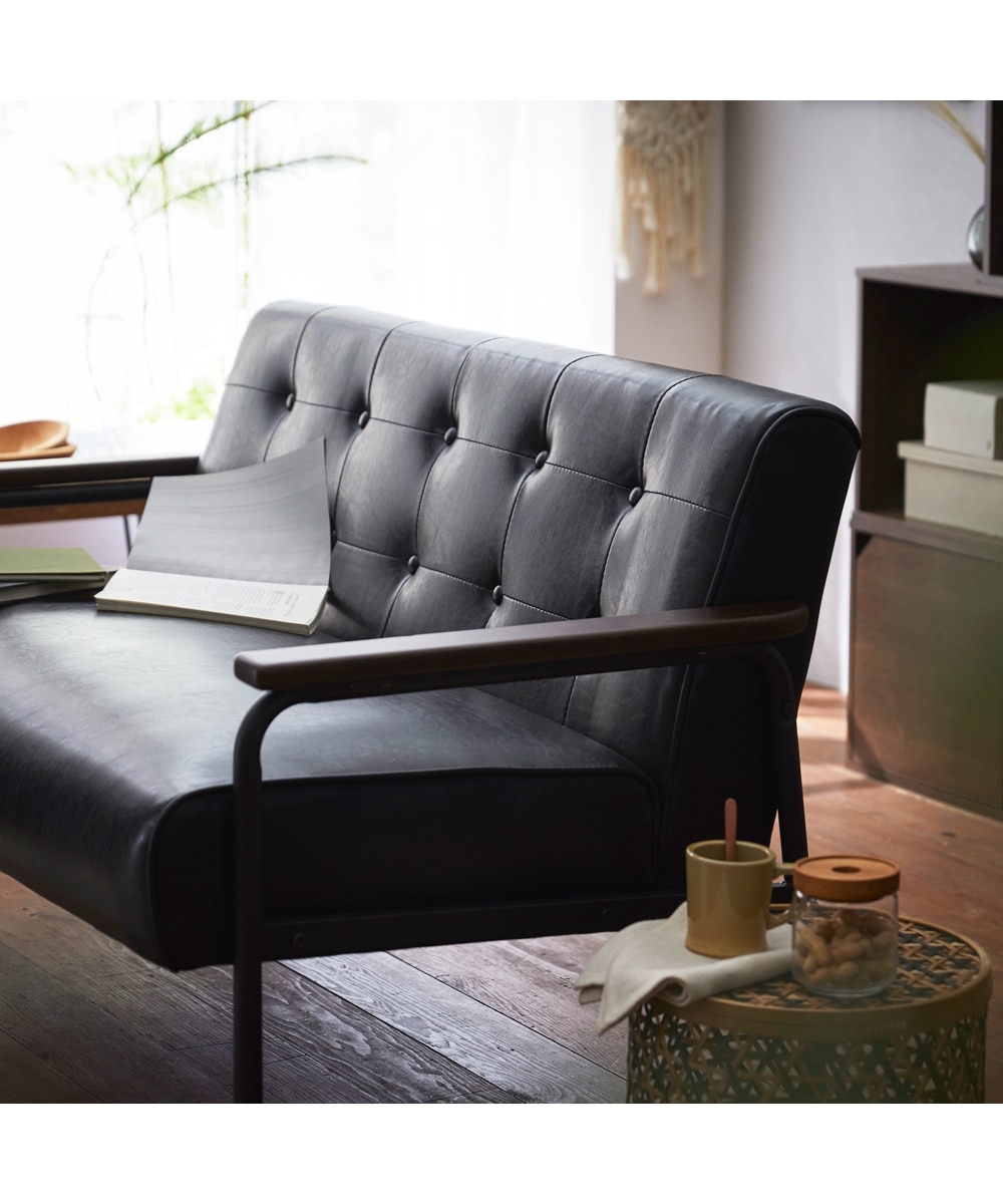 2人掛け]ソファ｜木肘 スチール 合皮 レトロヴィンテージ風 通販