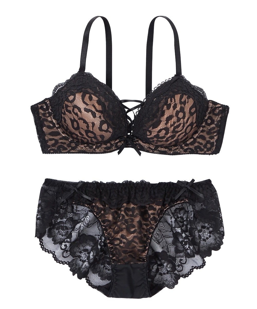 フロント編み上げレオパード柄ブラジャー・ショーツセット 通販