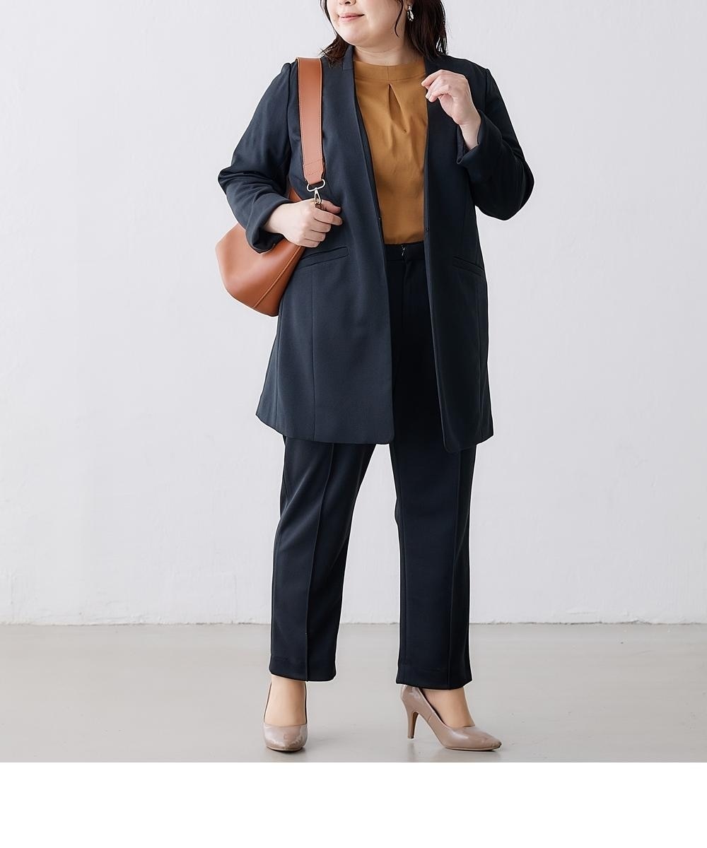 レディーススーツ】セットアップ対応ロング丈ノーカラージャケット