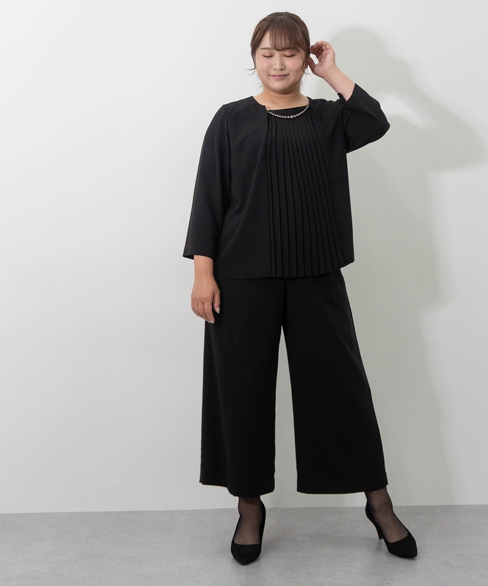 喪服・礼服】洗える防しわノーカラージャケットワイドパンツスーツ