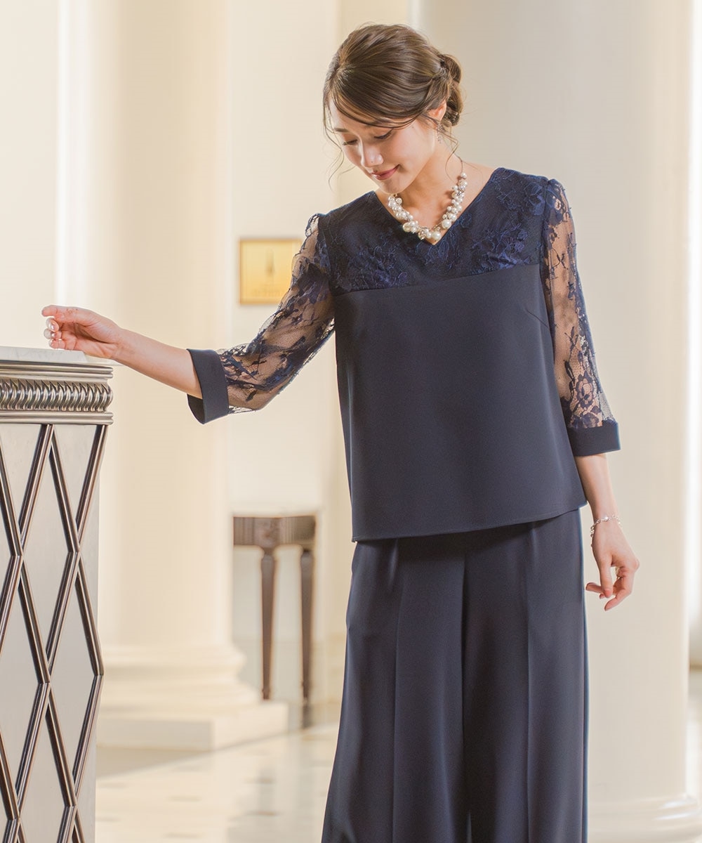 結婚式・パーティードレス】レースブラウス＋ワイドパンツセットアップ